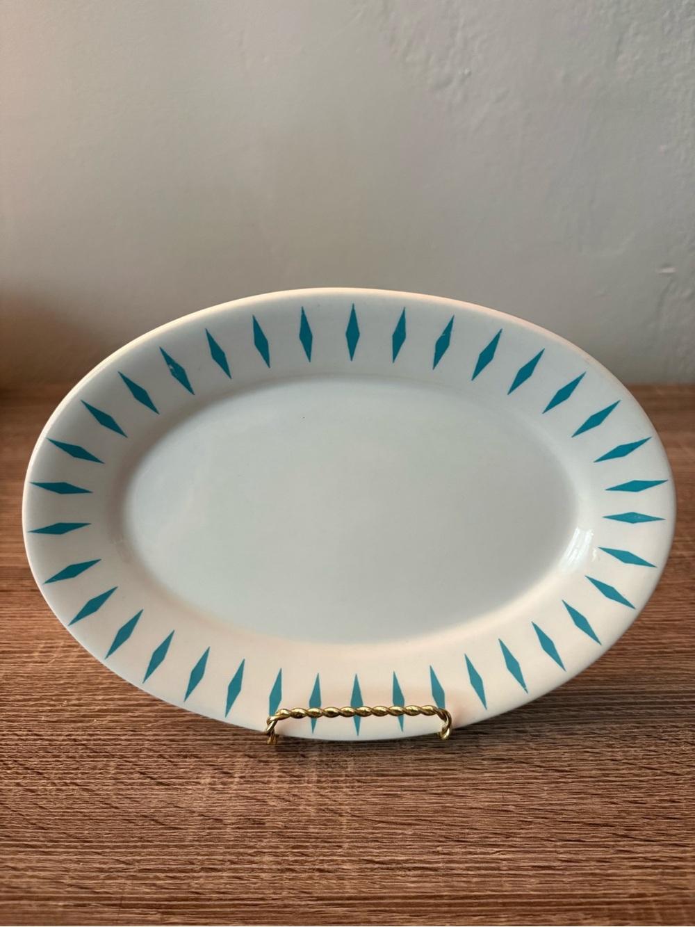 Homer Laughlin Restaurant Ware Oval Plate Turquoise Atomic Diamond Pattern - is